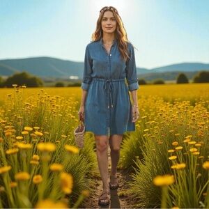 A NEW DAY Dress Chambray Denim Shirtdress Utility Classic Boho Casual Blue M